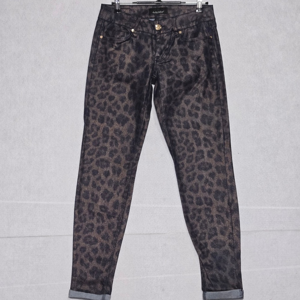 Baby Phat Metallic Leopard Print Skinny Jeans Blue Bronze Low Rise size 3 14"‎